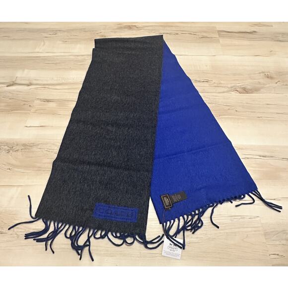 Coach 84080 100% Cashmere Scarf Reversible Charcoal Blue Fringe New - Picture 1 of 5